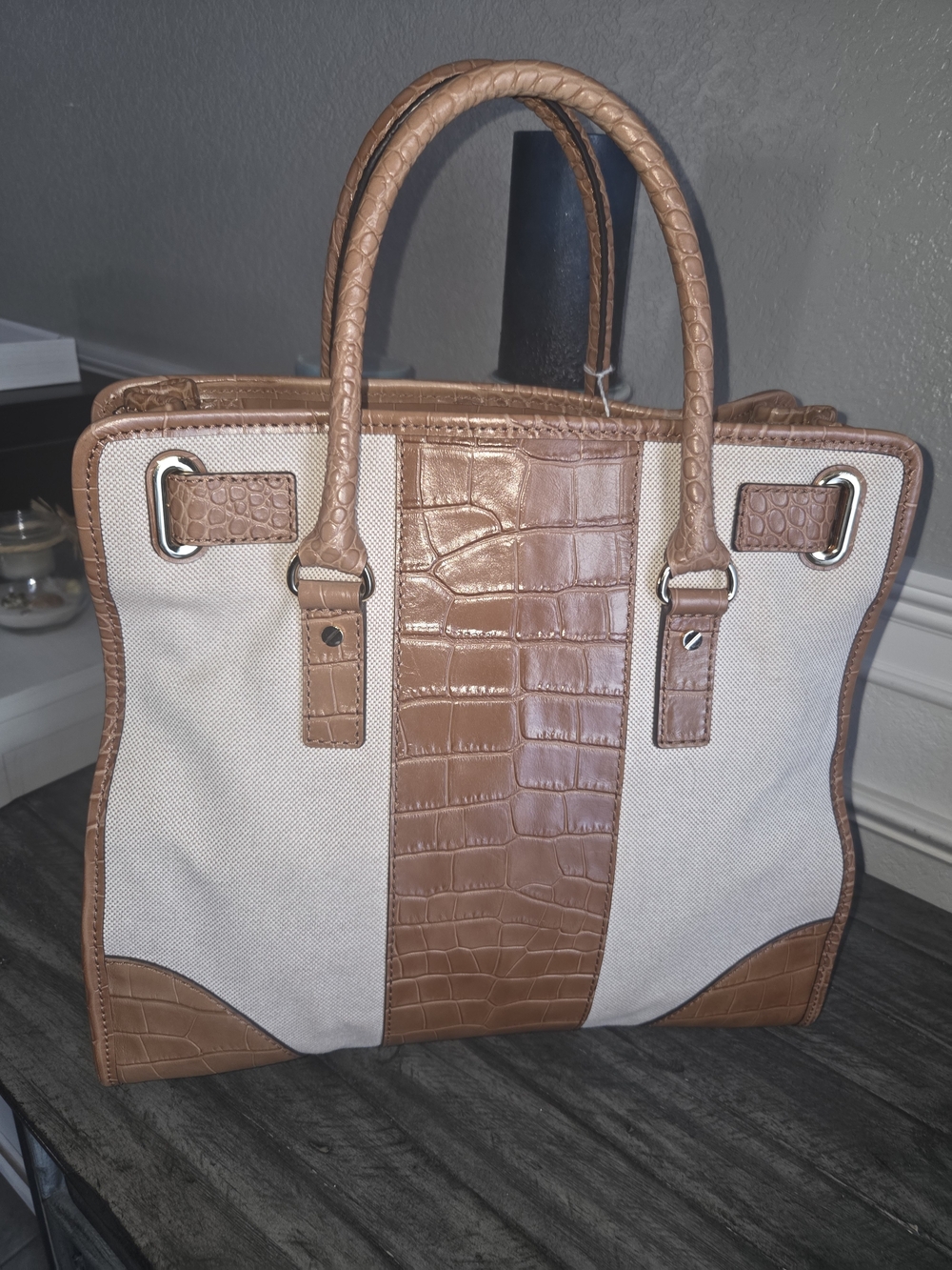 Michael Kors Tan Croc-Accent Canvas Tote Bag Perfect For A Laptop. - Picture 5 of 15